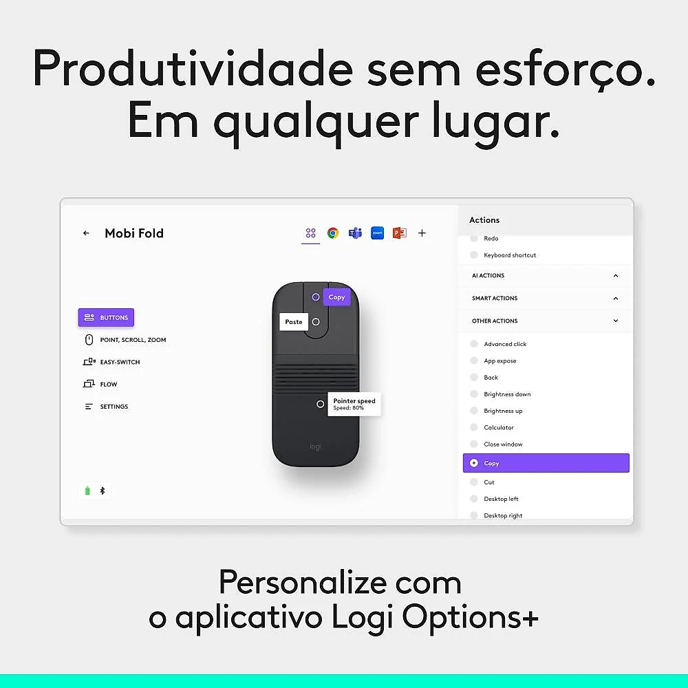Mouse Sem Fio Logitech Mobi Fold, portátil, dobrável e slim, touch scroll, cliques discretos, 4K DPI, Bluetooth