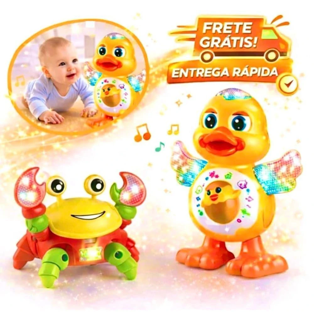 Kit Brinquedo Musical Caranguejo Fujão e Patinho Dançarino com Luz Som e Movimento