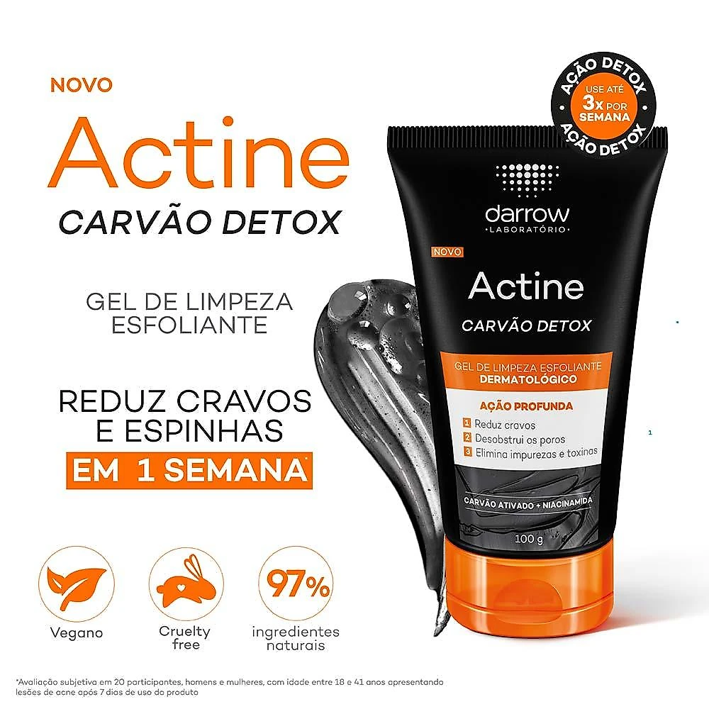 Gel de limpeza facial esfoliante darrow actine - carvão detox 100g