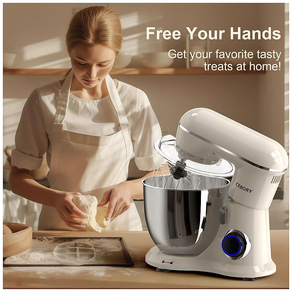Batedeira Elétrica CEBORY Almond Cream 6,5L 660W 10 Velocidades com Tigela Inox Removível, Gancho para Massa e Batedor, 110V