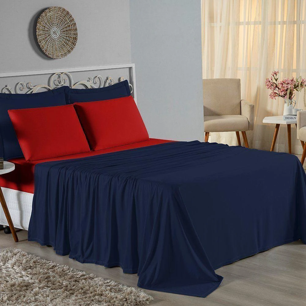 Jogo De Cama King Nobre 4 Peças Lençol Com Elástico De 30cm De Altura Malha 100% Algodão - Azul-marinho / Vermelho