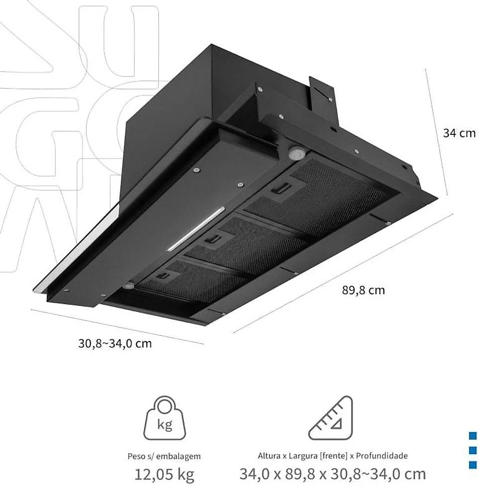 Coifa de Embutir Suggar Titanium 90CM Preto Painel Móvel Touch 890m3-h 110V