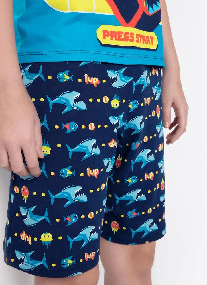 Pijama manga curta menino viscolycra tubarão gamer