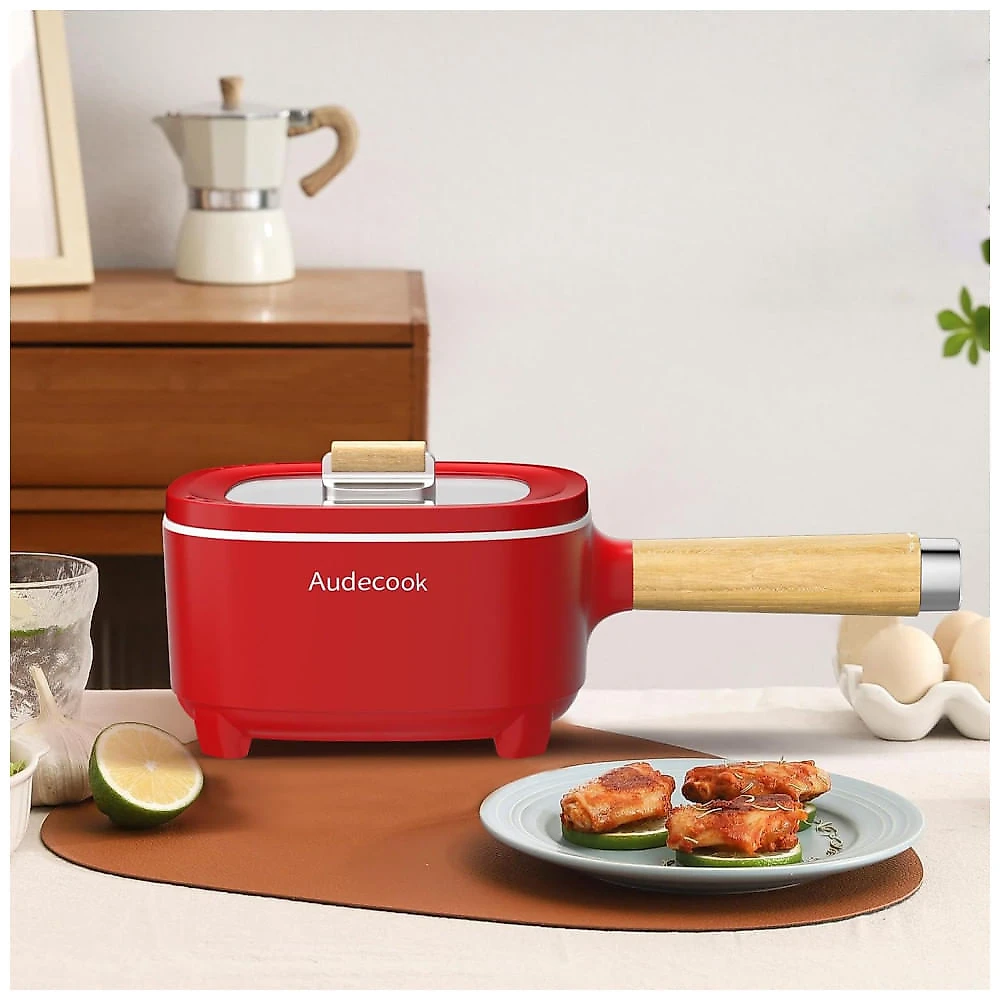 Frigideira Cerâmica 20cm + Panela Elétrica 2L Audecook Hot Pot: Cooker Portátil para Ramen, Bife, Arroz, Aveia e Sopa, Controle de Temperatura.