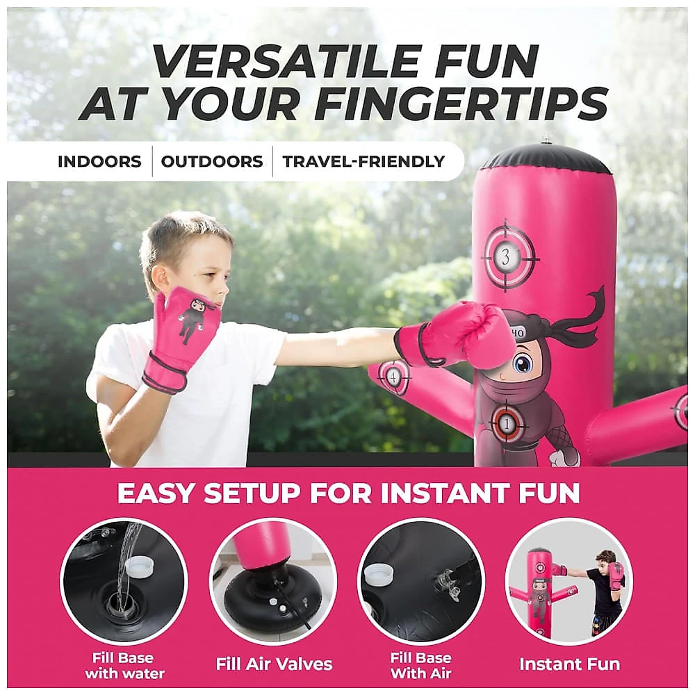 YGA Sports Puncho: Kit Completo de Bolsa de Pancadas Inflável Infantil com Luvas, Bomba e eBook - Rosa