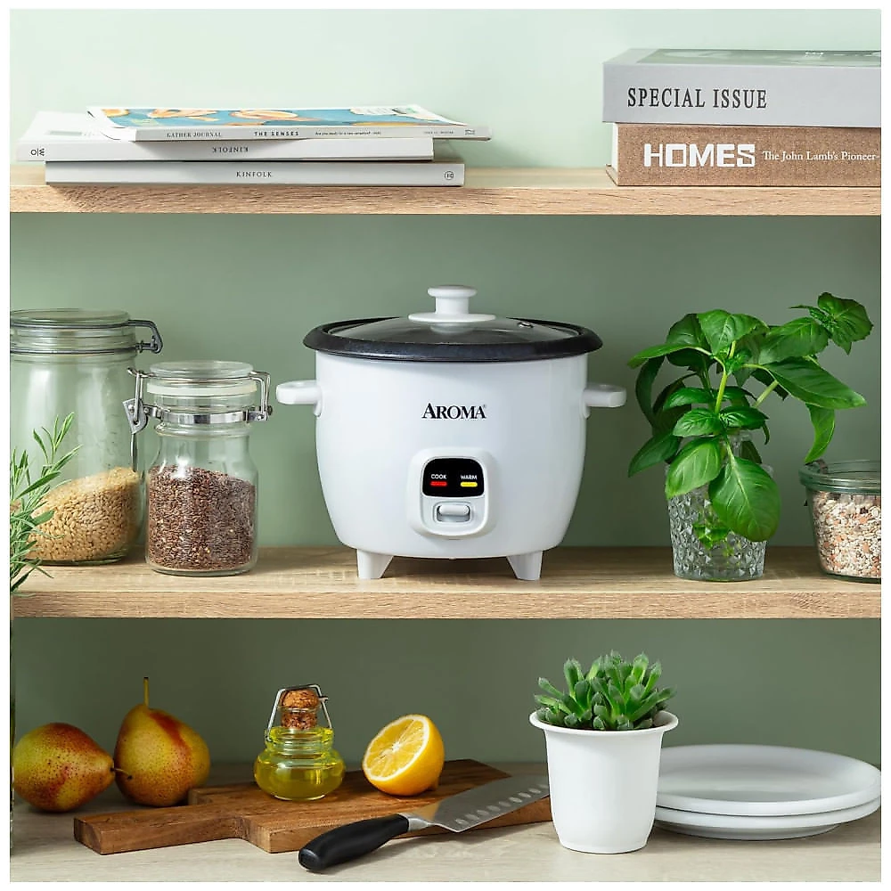 Panela de Arroz AROMA, 3 Xícaras (Cru) / 6 Xícaras (Cozido), Pequeno, Fazendeiro de Mingau, Sopa, Manter Aquecido, 1,5L, Branco, ARC-393NG.