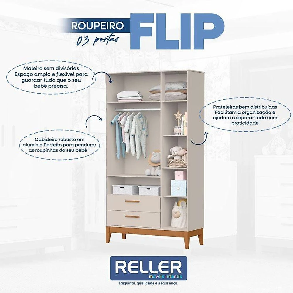 Quarto De Bebê Flip E Cômoda Sapateira Areia Acetinado - Reller