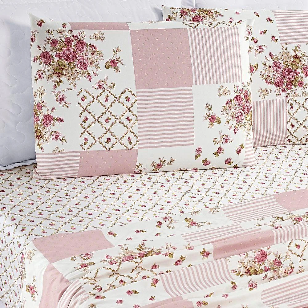Edredom 2,40m X 2,20m + Jogo De Cama Dupla Face Bouti Queen 07 Peças 100% Poliéster - Rosa Matura