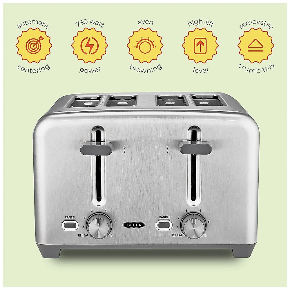 BELLA 17263 Torradeira Eletrica 4 Fatias com 6 Niveis de Tostagem de Aco Inoxidavel 110V1480W Prata