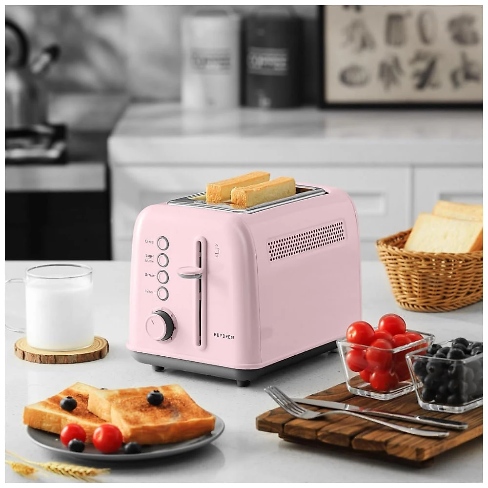 Torradeira BUYDEEM DT620 Rosa 2 Fatias com Fendas Largas, Função Bagel e Muffin, Bandeja de Migalhas Removível e 7 Níveis de Tostagem, 110V