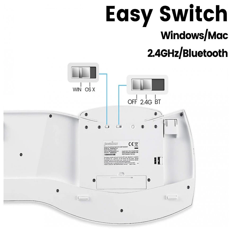 Perixx 11615 Teclado Ergonômico Dividido Sem Fio Recarregável Reduz a Tensão das Mãos com Descanso de Pulso, Branco