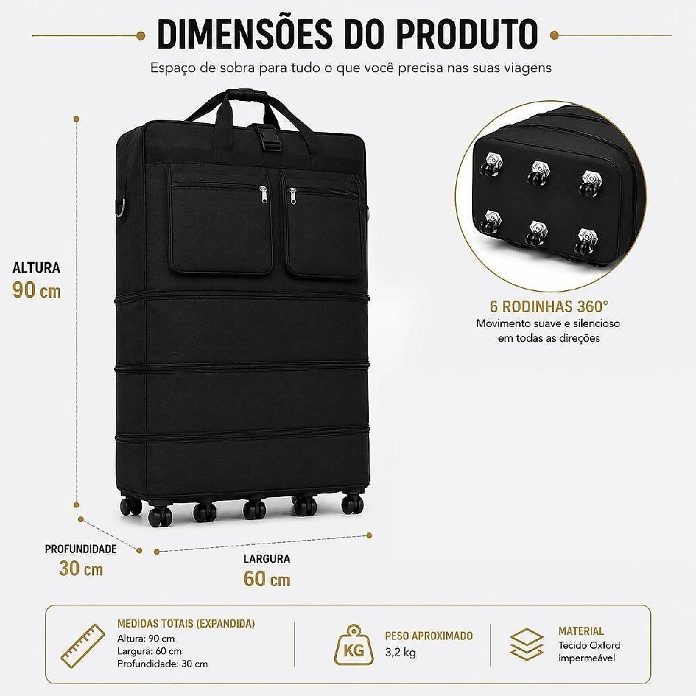 Bolsa de Viagem Grande 100CM em Tecido Oxford com Zíper e 6 Rodinhas 360° Preto