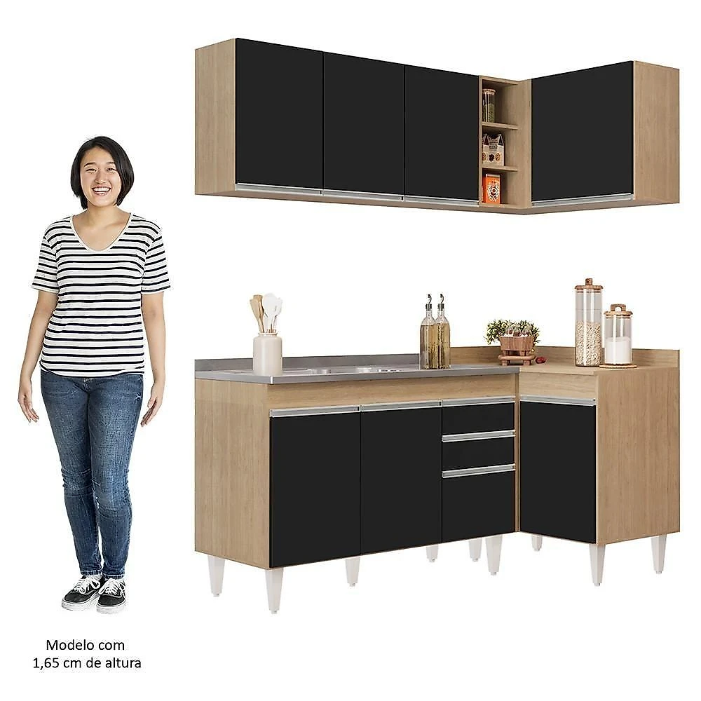 Armário De Cozinha Modulado De Canto Esquerdo 4 Peças Cp48 Com Pia Inox Castanho/preto - Lumil