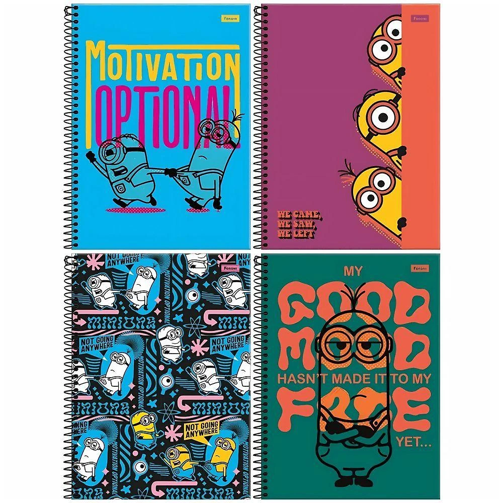 Caderno Espiral Capa Dura 10 Matérias Foroni Minions 160 Folhas Pautadas Formato 200X275MM