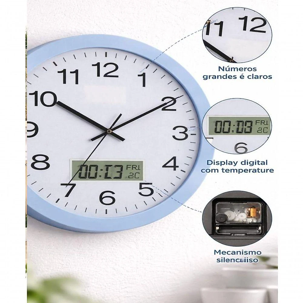 Relógio de Parede Yeet com Calendário e Termômetro Digital Azul Bivolt
