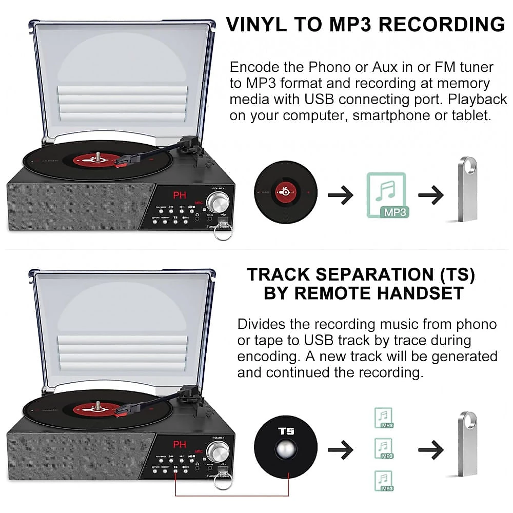 Toca Discos Retro 3 Velocidades com Bluetooth e Alto Falantes Embutidos, HONGUT, Preto