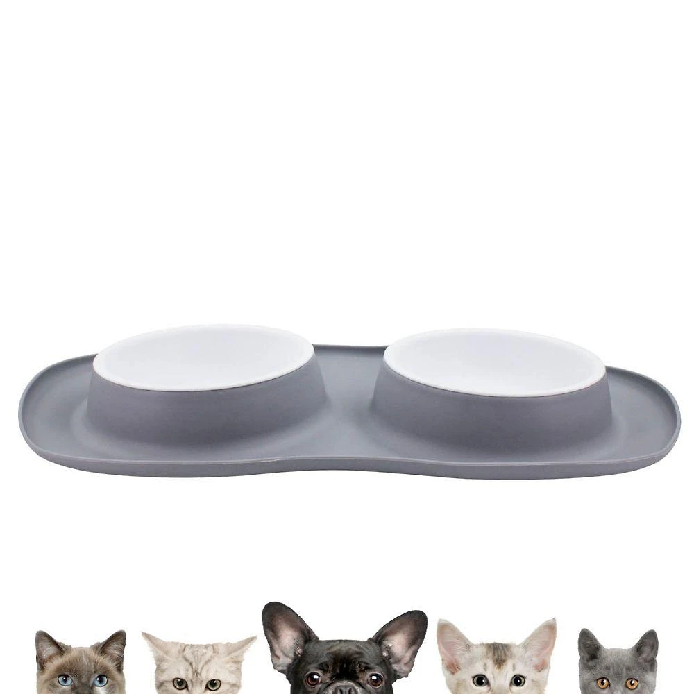 Comedor Pote Para Ração Agua Tigela Duplo Cachorro Gato Silicone Cinza