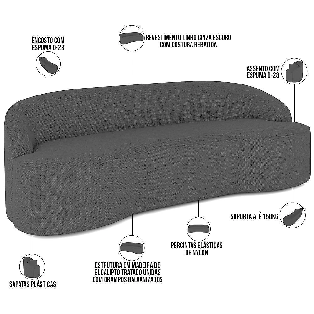 Sofá 4 Lugares Curvo Living Lótus D02 Linho Cinza Escuro 230cm C-416
