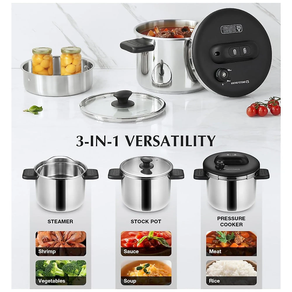 Panela de Pressão em Aço Inoxidável KOCH SYSTEME CS, 6,3 litros Olla de Pressão, Trava Easy OnePress, 3 Configurações de Pressão 3 PSI,