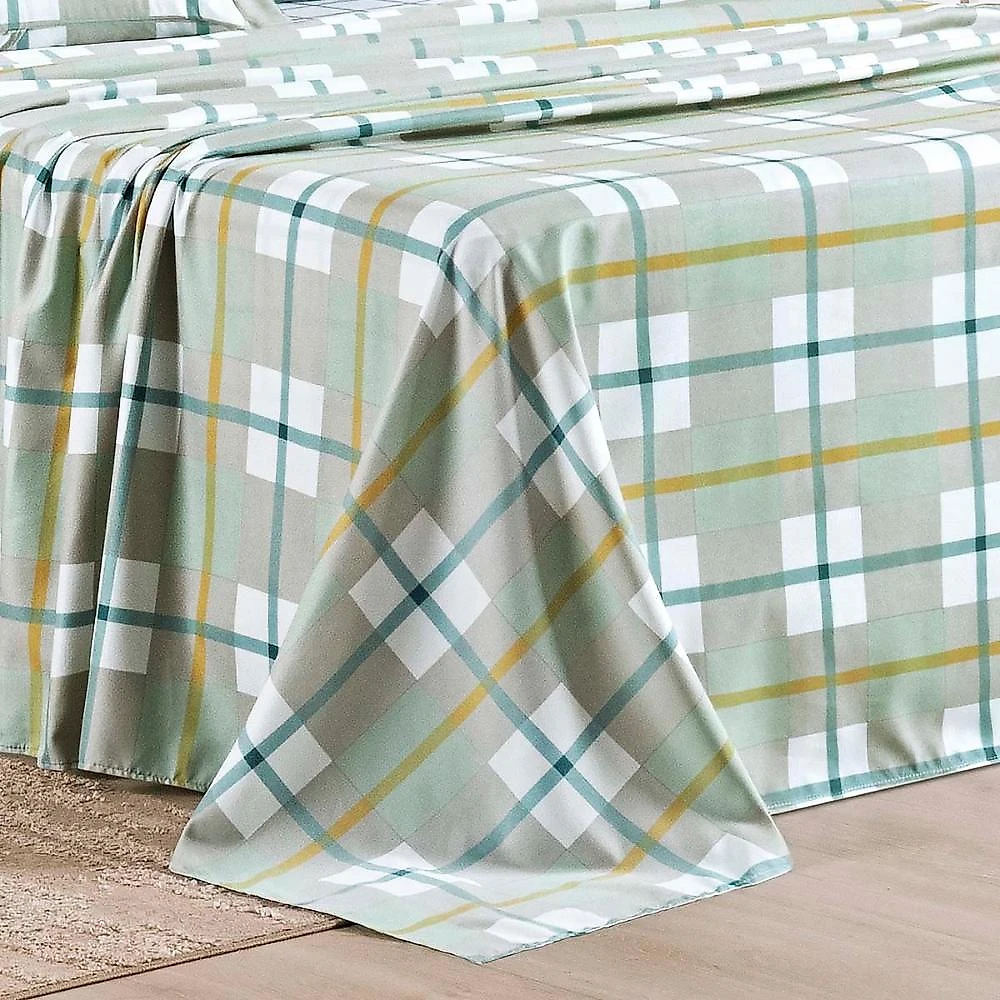 Jogo cama lençol belle casal padrão 400 fios estampado 4 peças grid verde