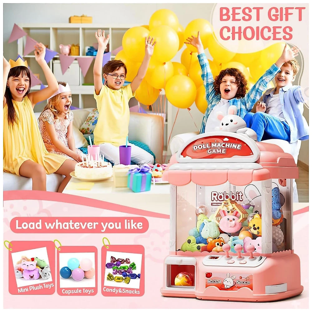 Máquina de Garra Rosa MIAOKE Large Claw Machine – Mini Arcade Infantil com 30 Prêmios, 24 Moedas, Luzes LED e Som Ajustável