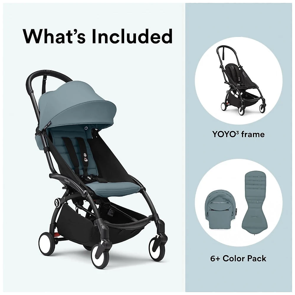 Carrinho de Bebê Stokke YOYO3 Aqua - Estrutura Preta, Dobrável Compacto, Assento Reclinável 3 Pontos, Cinto Ajustável, Leve e Portátil