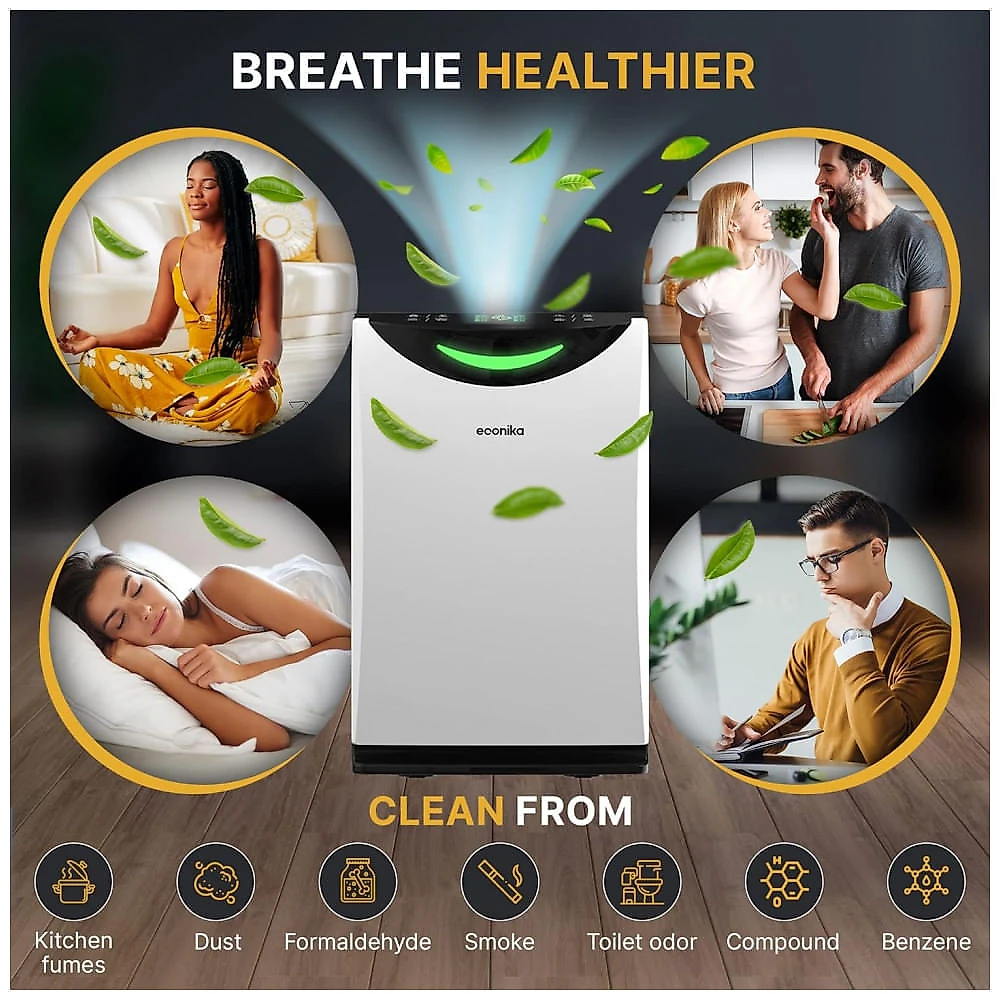 Purificador de Ar e Umidificador 4 em 1 com Filtro HEPA H13 e Lâmpada UV, Cobre 65 m2, 110V, ECONIKA, Branco