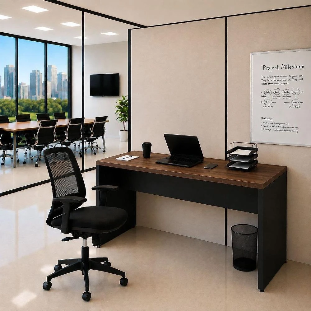 Conjunto Mesa de Escritório 140x60cm + Cadeira Ergonômica Reclinável Sistema Syncron Pistão Classe 4