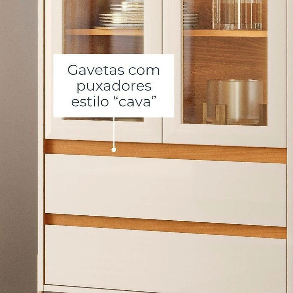 Conjunto Cristaleira Brisa e Buffet Aparador Balcão Cais Bandeja Integrada para Sala de Jantar Cinamomo/Off White