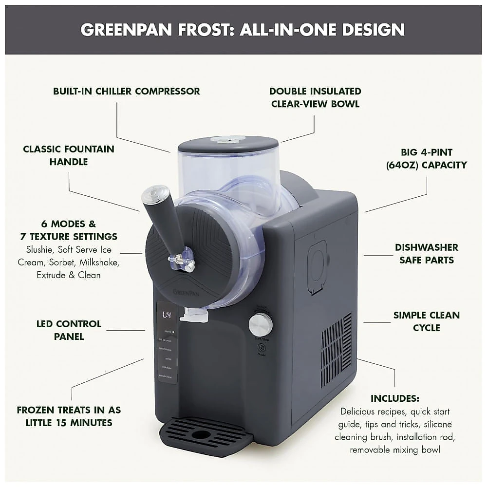 Máquina de Sorvete e Bebidas Congeladas GreenPan Frost 15-em-1, Cinza, Compressor Integrado, 6 Modos 7 Texturas, Sem Pré-congelamento, CC009823-001