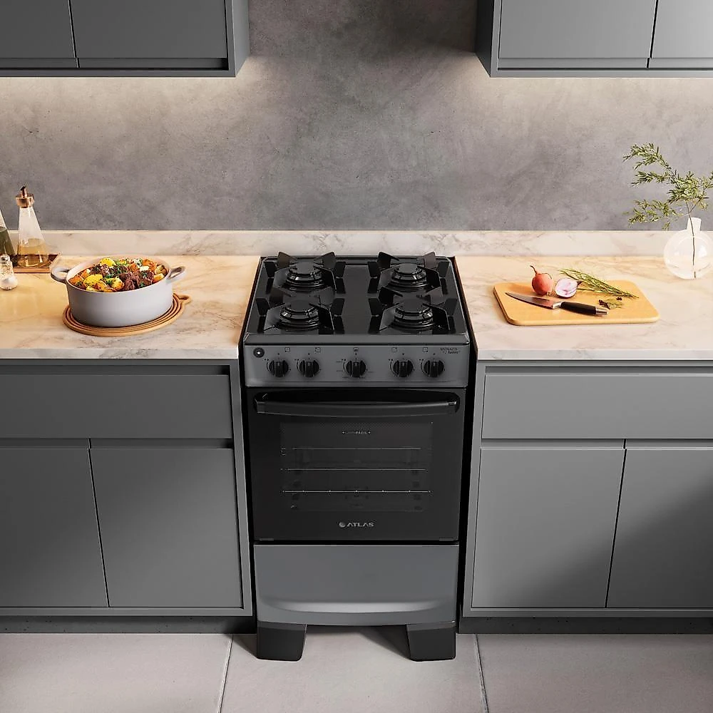 Fogão 4 Bocas Atlas Mônaco Lustro Com Mesa De Aço Bivolt Titanium