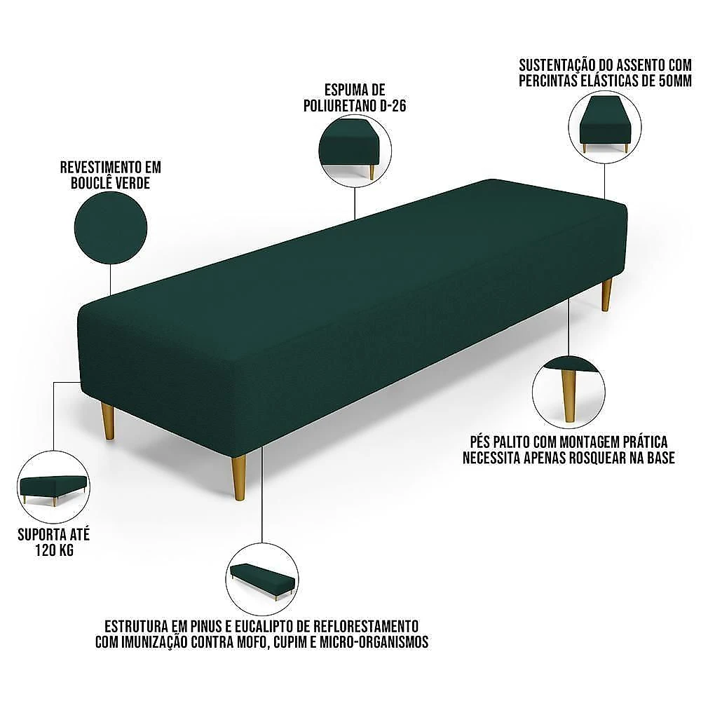 Puff Decorativo Bali W01 Pés Palito 210x60cm Bouclê Verde - Lyam Decor