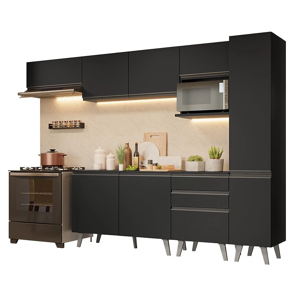 Armário de cozinha completa 300 cm preto nice madesa 05
