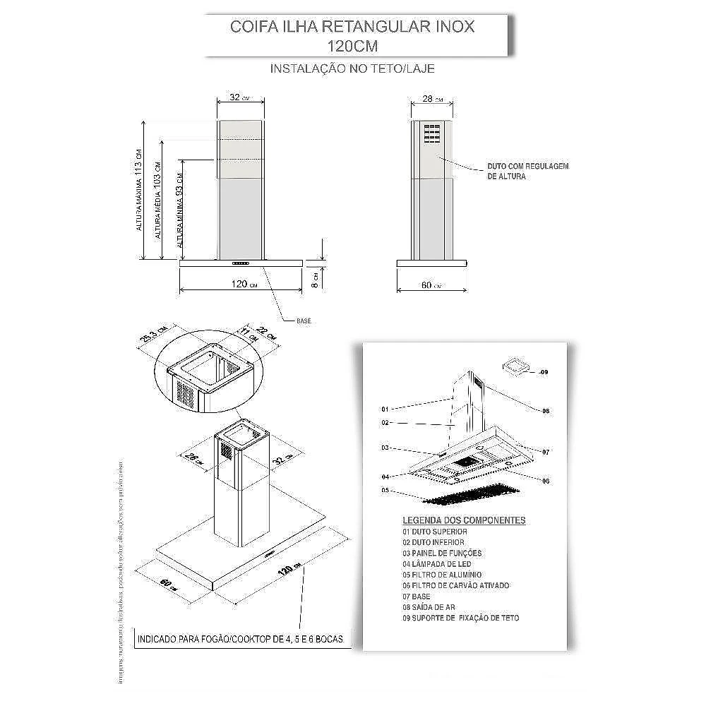 Coifa Ilha Retangular Fogatti 120CM Inox com Filtro de Alumínio e LED 3 Velocidades 220V