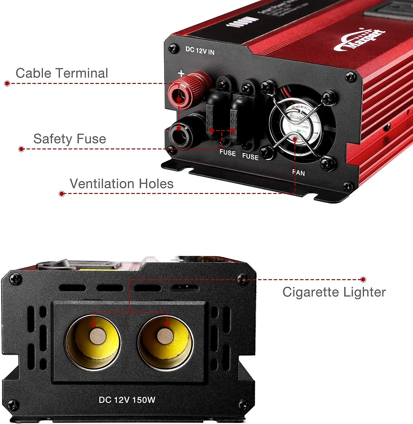 Maxpart Inversor de Potência Automotivo 1000W cPorta USB Duplo e Acendedor de Cigarro