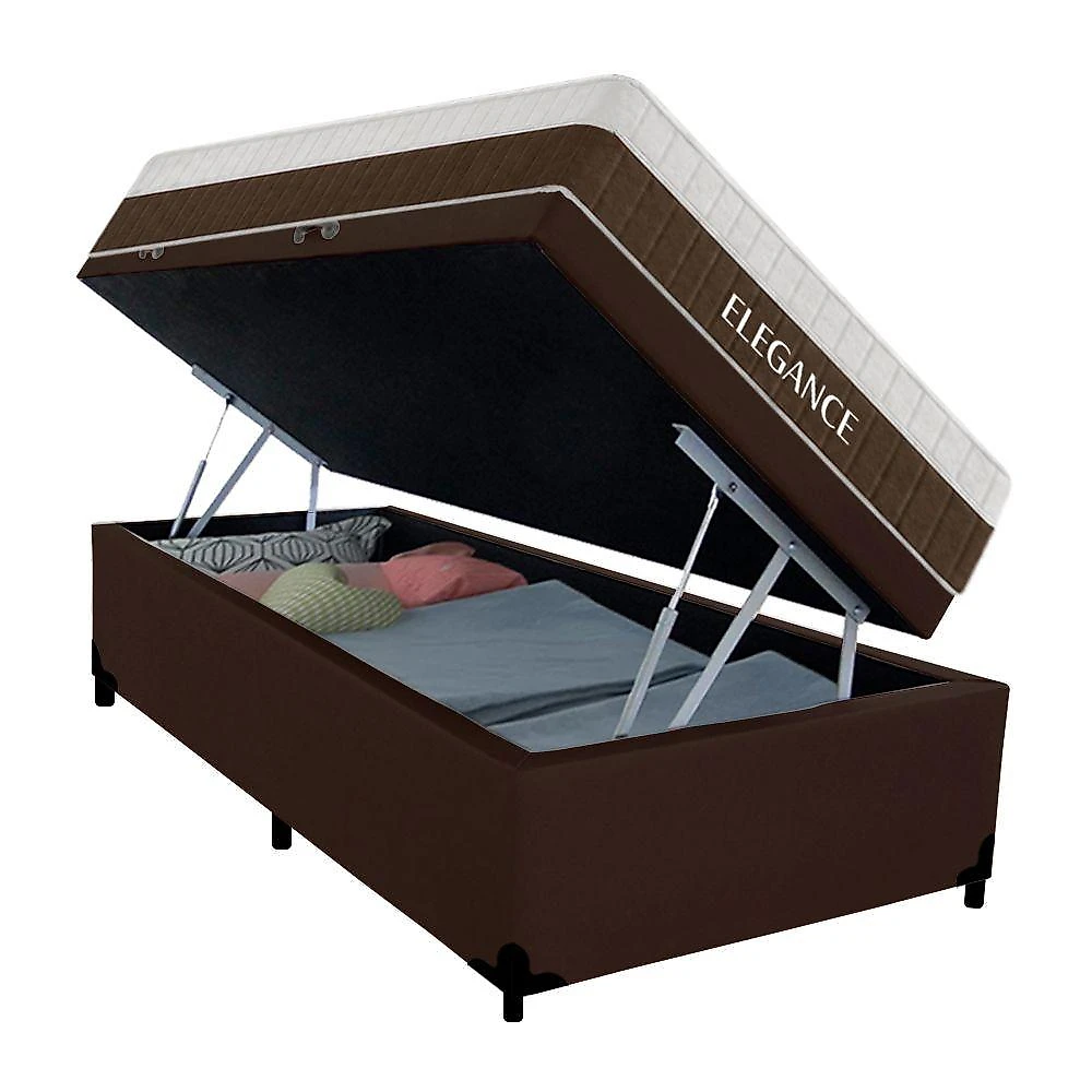 Cama Box com Baú Solteiro Elegance Pillow Top Molas Ensacadas Suede Marrom Royal