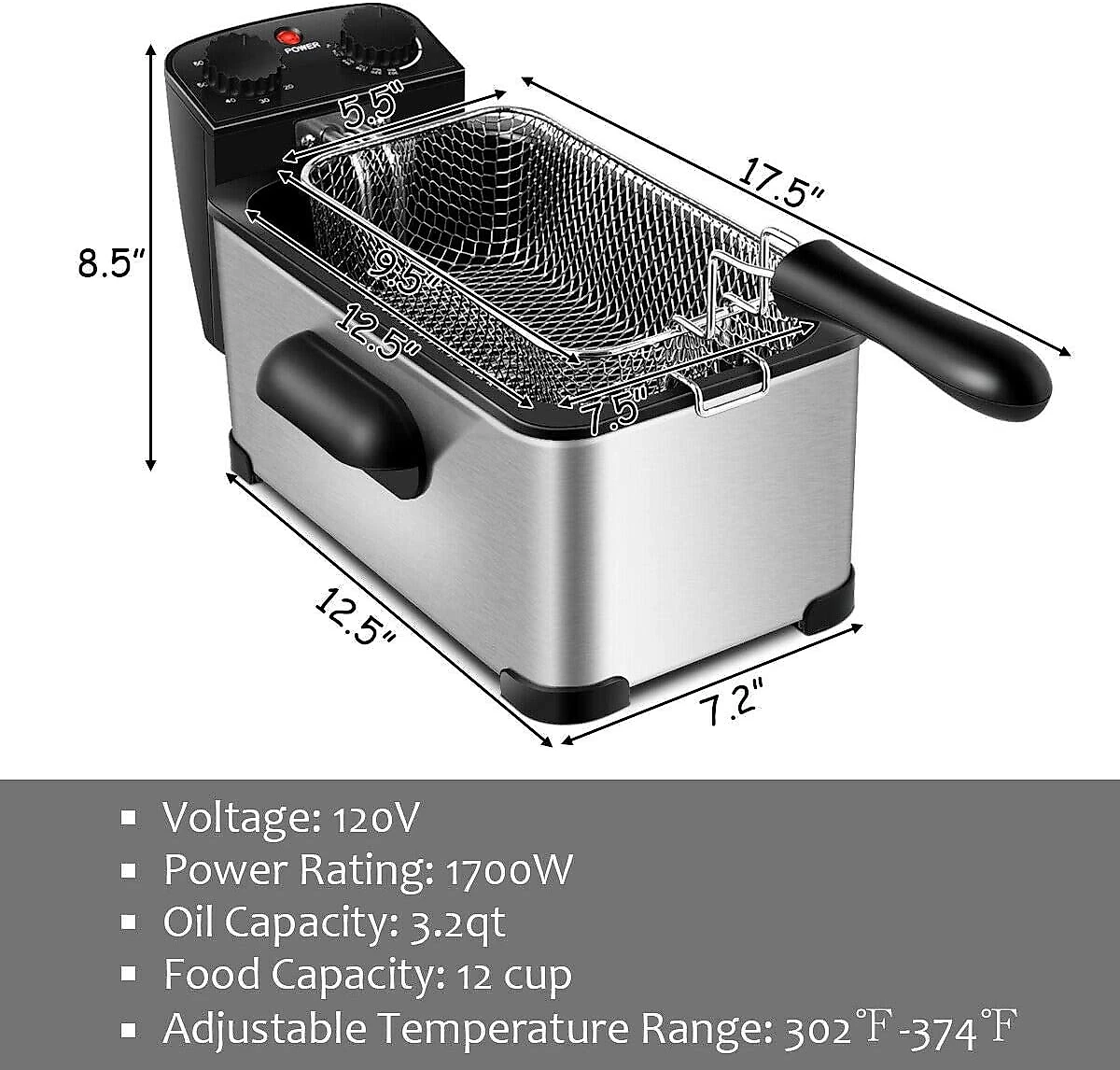 COSTWAY Fritadeira Elétrica Industrial a Óleo 3L com C ontrole de Temperatura 1700W110V Aço Inox