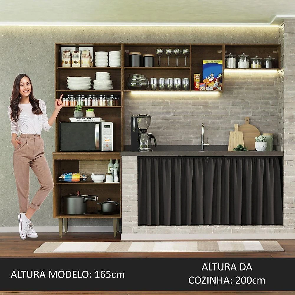 Armário De Cozinha Compacta Quiosque 235cm Rustic/preto Gourmet Madesa Xa Rustic/preto