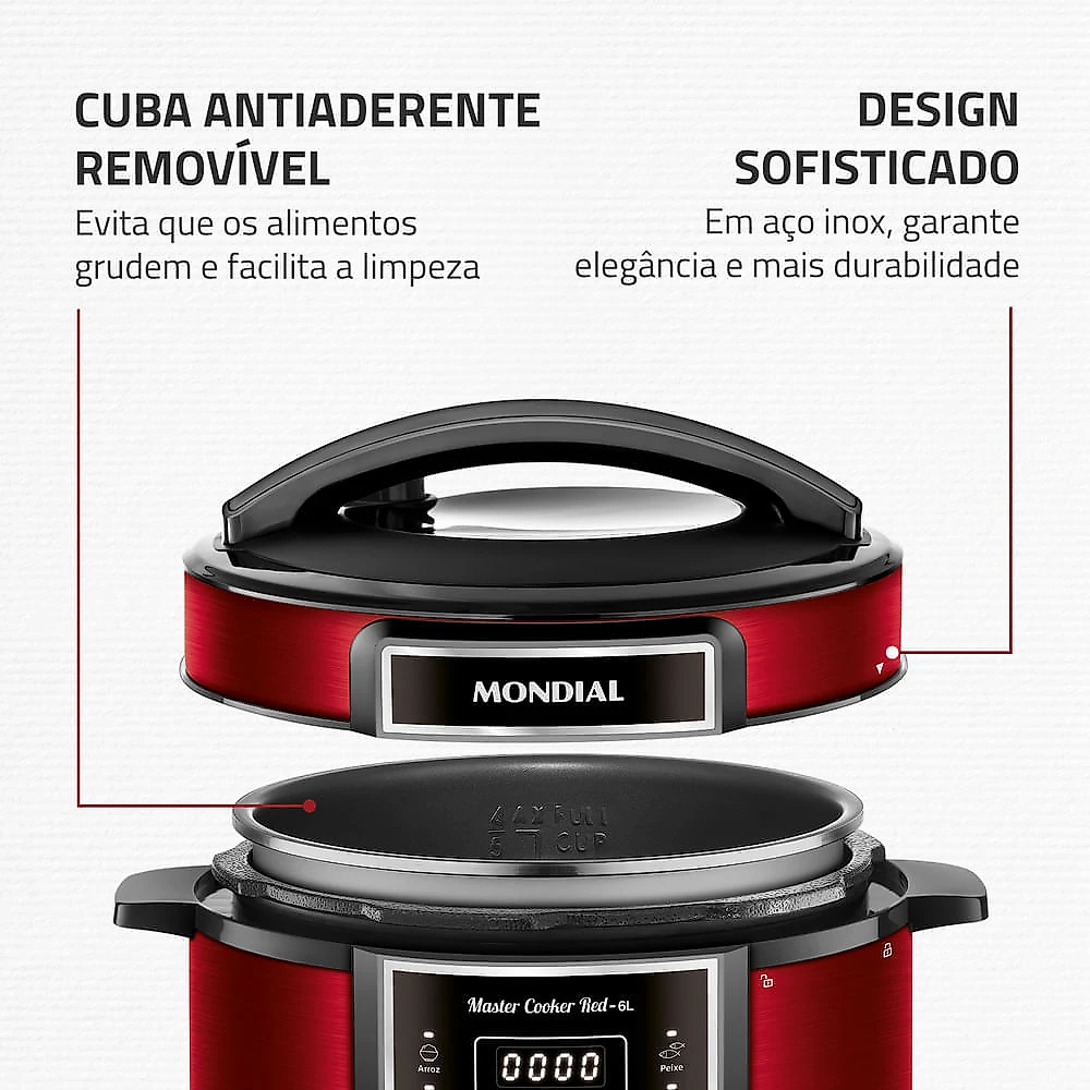 Panela de Pressão Elétrica Digital 6L, Mondial, Vermelho/Inox - PE-60-6L-RI PAN ELET.PRESS. PE-60-6L-RI 127V/60HZ