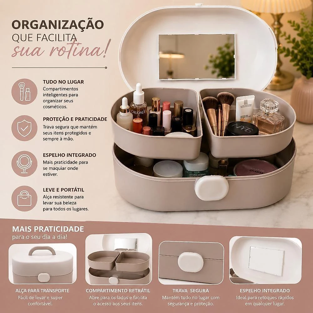 Organizador de Maquiagem com Espelho e Gaveta Retrátil 5 Compartimentos Yeet