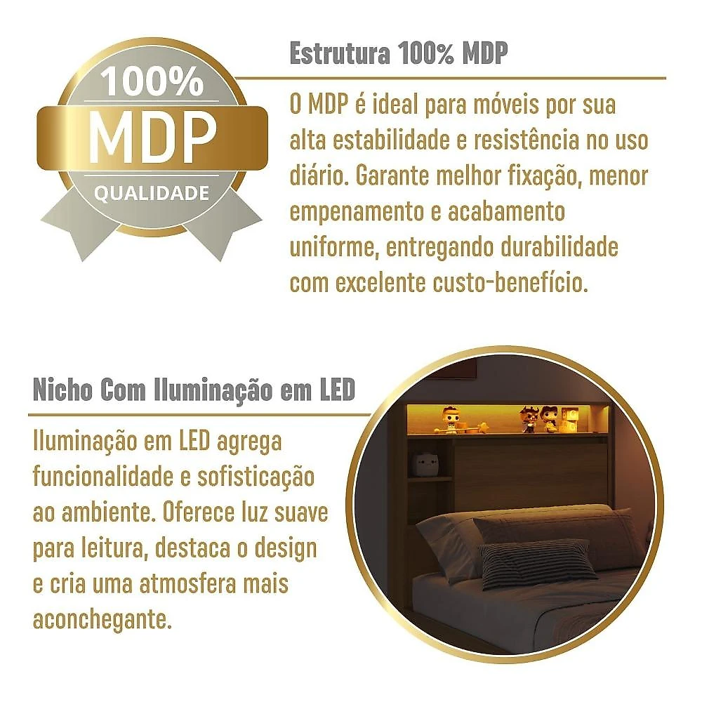 Cama de Solteiro 90 Suspensa com Ilunimação em Led e Organizador na Cabeceira Cancun  Mel