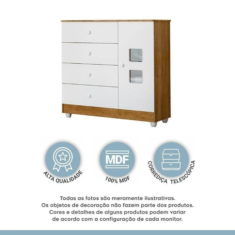 Quarto de Bebê com Berço Mini Cama, Cômoda 1 Porta 4 Gavetas e Roupeiro 100% Mdf 3 Portas 2 Gavetas Branco/Madeirado Ypê