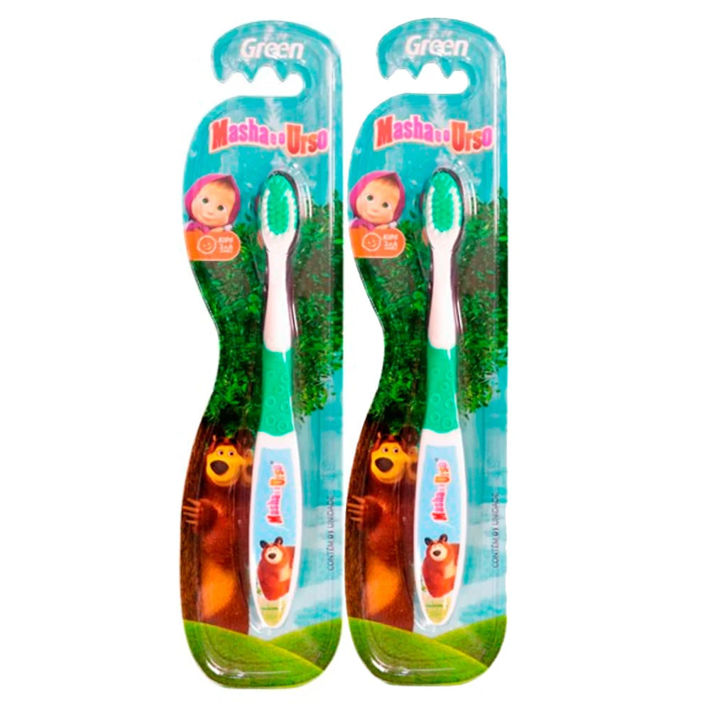 Kit 2 Escova Dental Infantil Green Masha e o Urso Cores Sortidas 1 Unida