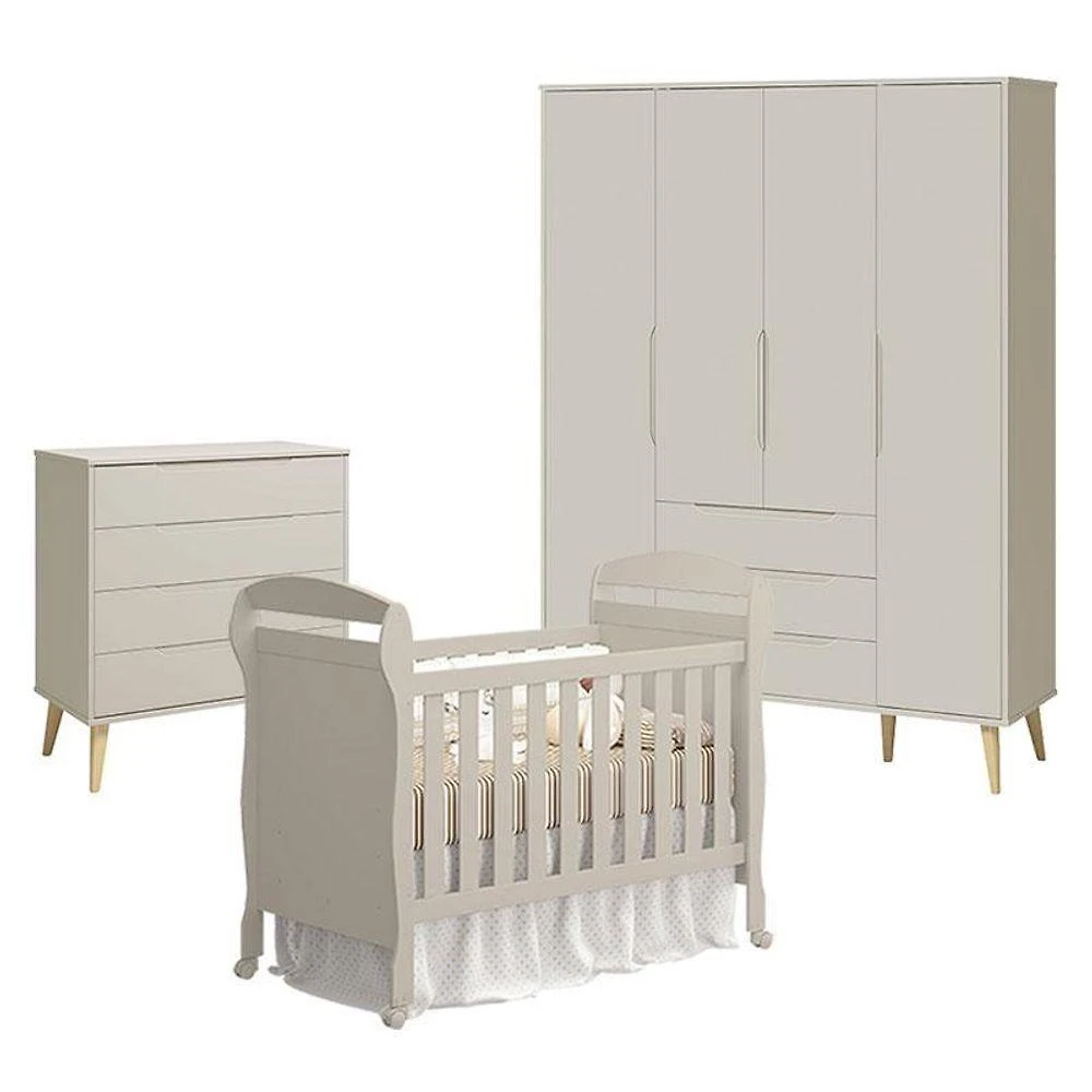 Quarto De Bebê 4 Portas Com Cômoda Gaveteiro Elfe Retrô E Berço Americano Danny Areia Acetinado Natural - Reller