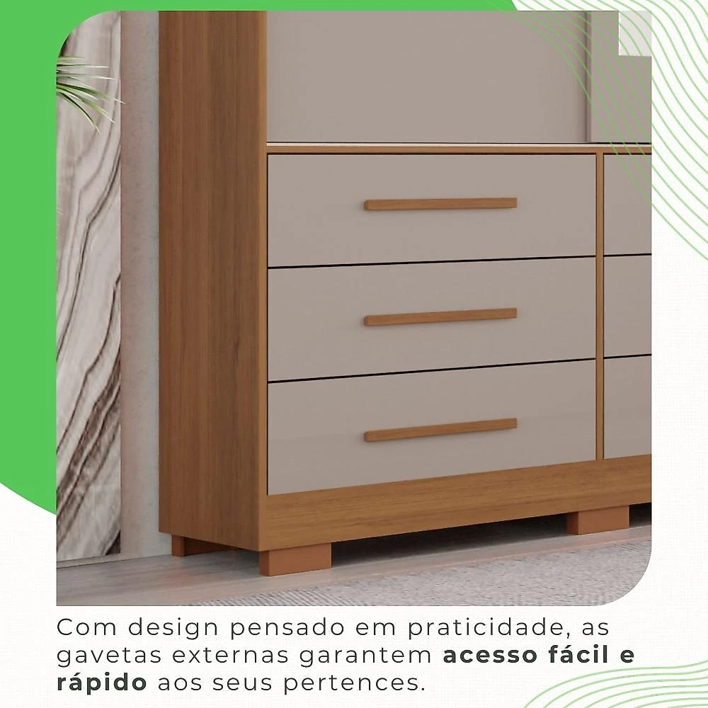 Guarda-roupa com Pés e Espelho Casal 3 Portas 9 Gavetas Luana Cinamomo/Off-White