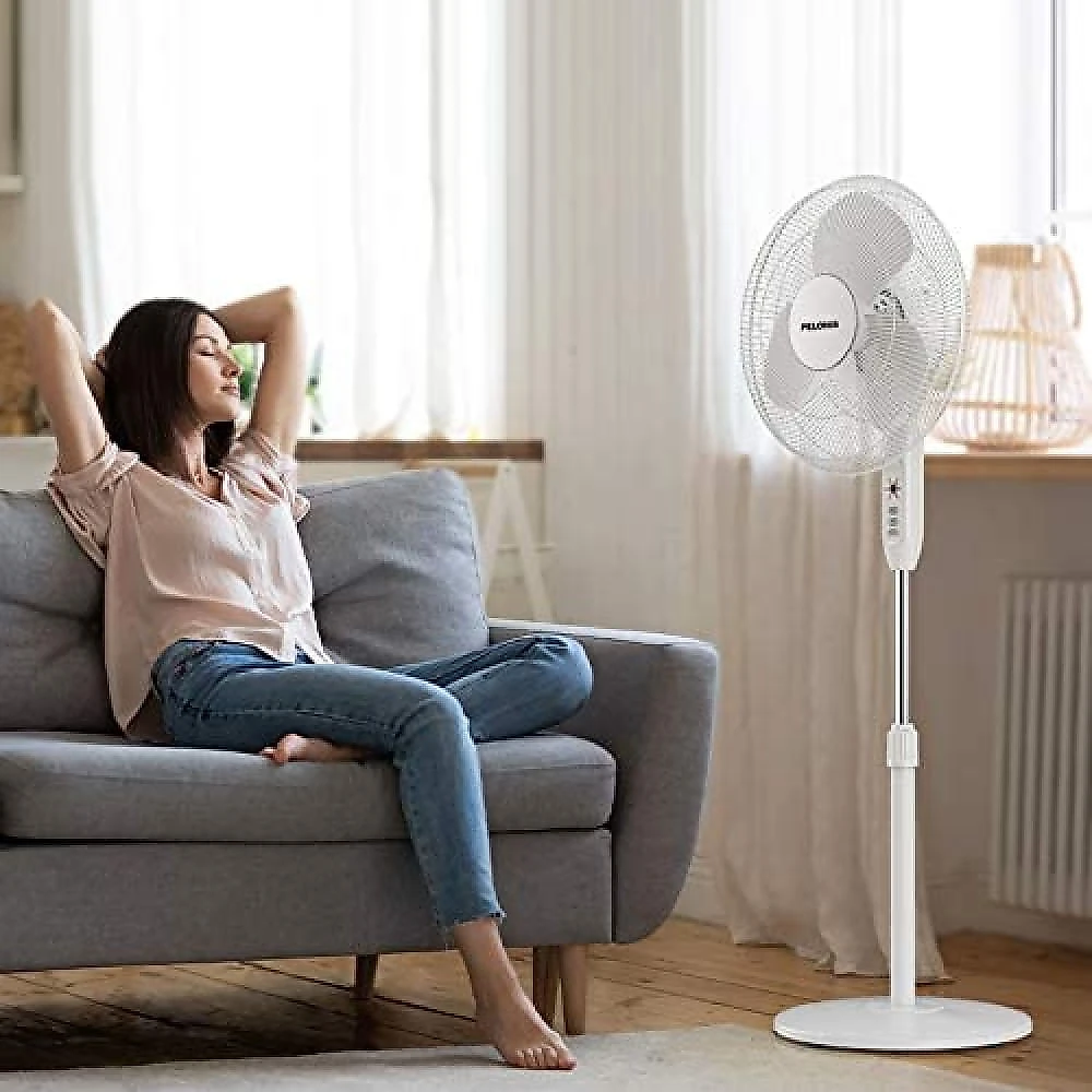 PELONIS 2021 16 Pedestal Remote Control Oscillating Stand Up Fan 7Hour Timer 3Speed and Adjustable Height PFS40A4BWW Supreme 16White