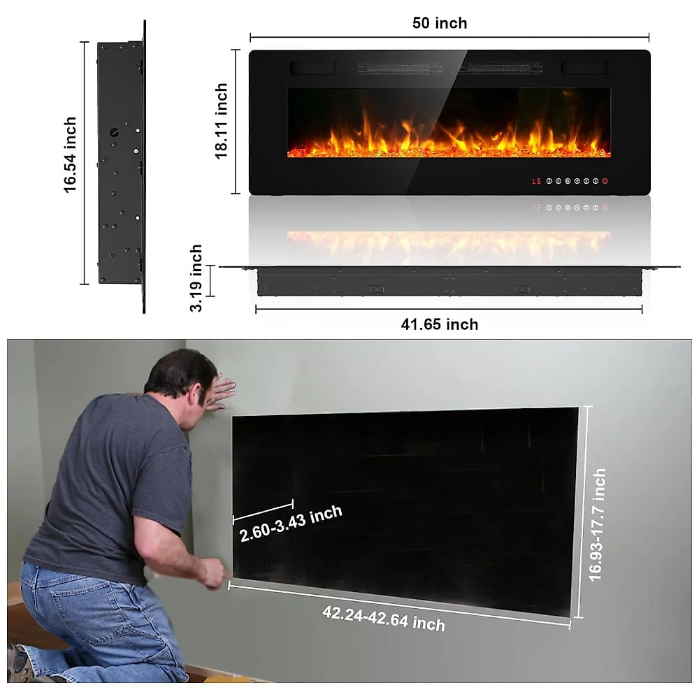 Lareira Elétrica de Embutir Ultrafina A45x127L cm com Temporizador, Controle Remoto e Digital, 110V 1500W, ...