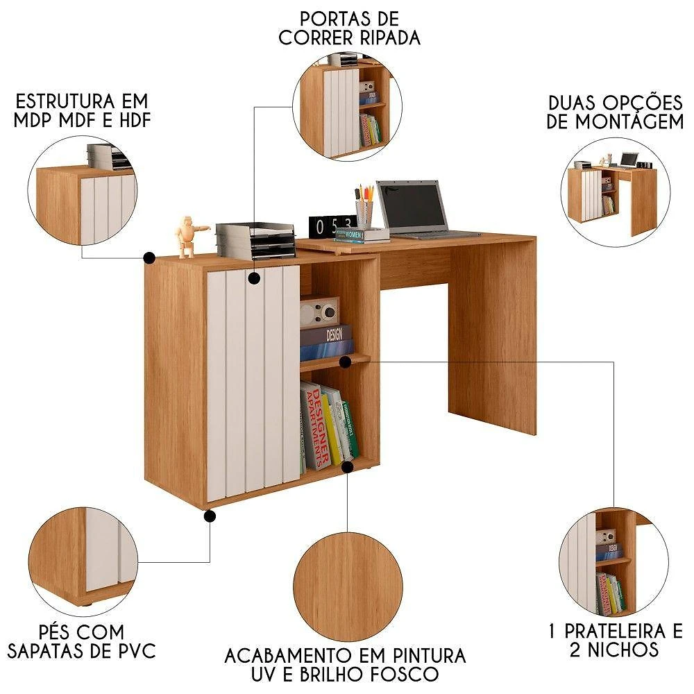Mesa Para Escritório Home Office 1 Porta Ripada Tech Freijó Off White Caemmun