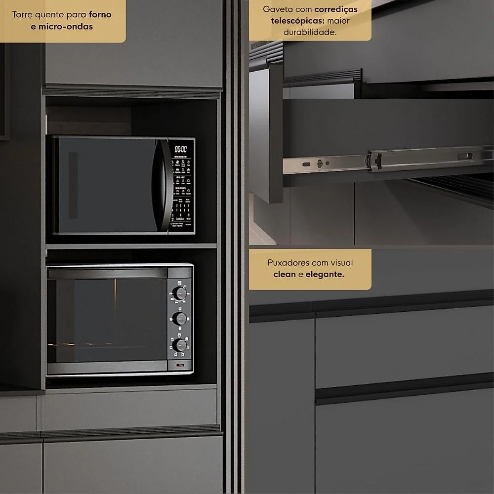 Armário de Cozinha Modulada Completa com Pia Suspensa 251,5cm Milano Multimóveis MCR2463 Grafite