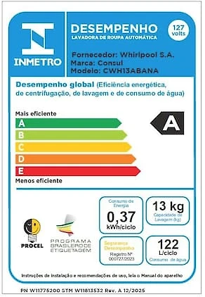Máquina de Lavar Consul CWH13AB 13kg Dosagem Econômica Ciclo Praia Ciclo Edredom Branca 110V